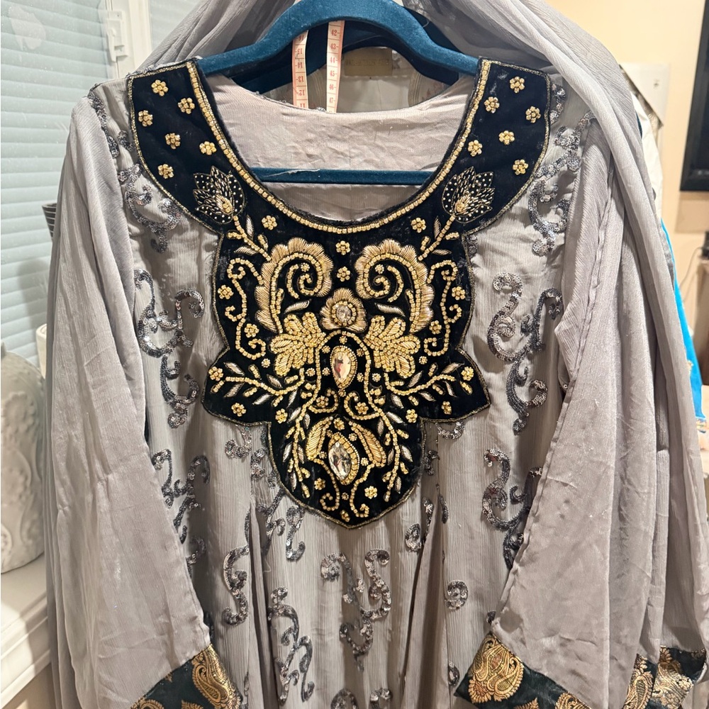 Pakistani Indian Desi Outfit Embellished Gray Maxi Kaftan with Gold & Black